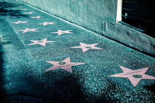 View of Hollywood Walk of Fame with stars on the sidewalk in Los Angeles, California.