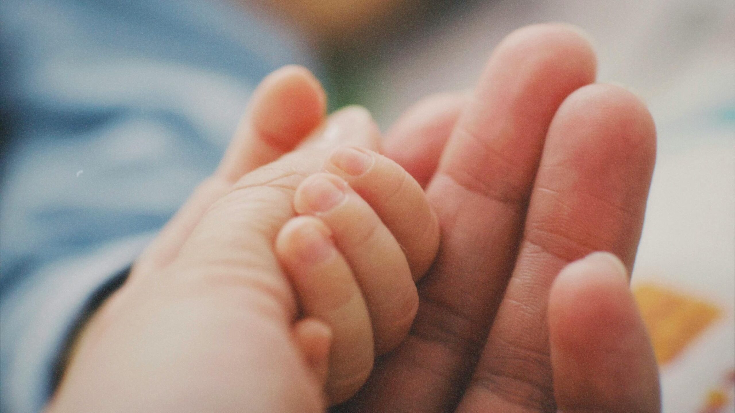 Baby's hand holding an adult's finger, symbolizing trust and care. Close-up view.