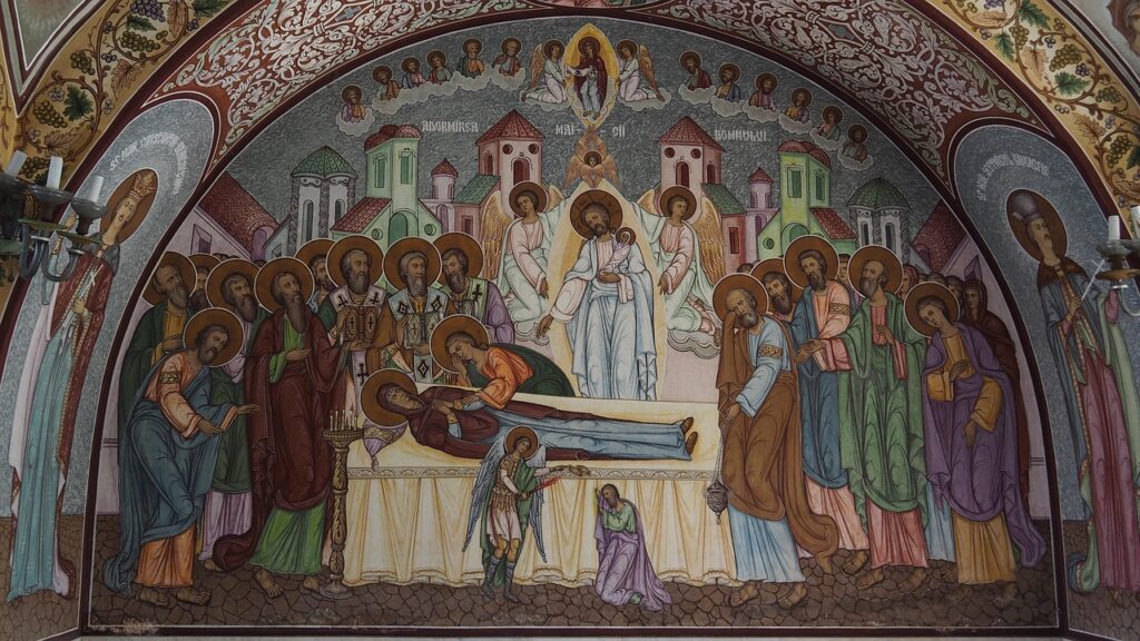 mary, jesus, faith, religion, church, colorful, mother, christian, christianity, apostle, painting, fresco, prophecy, humility, brown church, brown painting, brown death