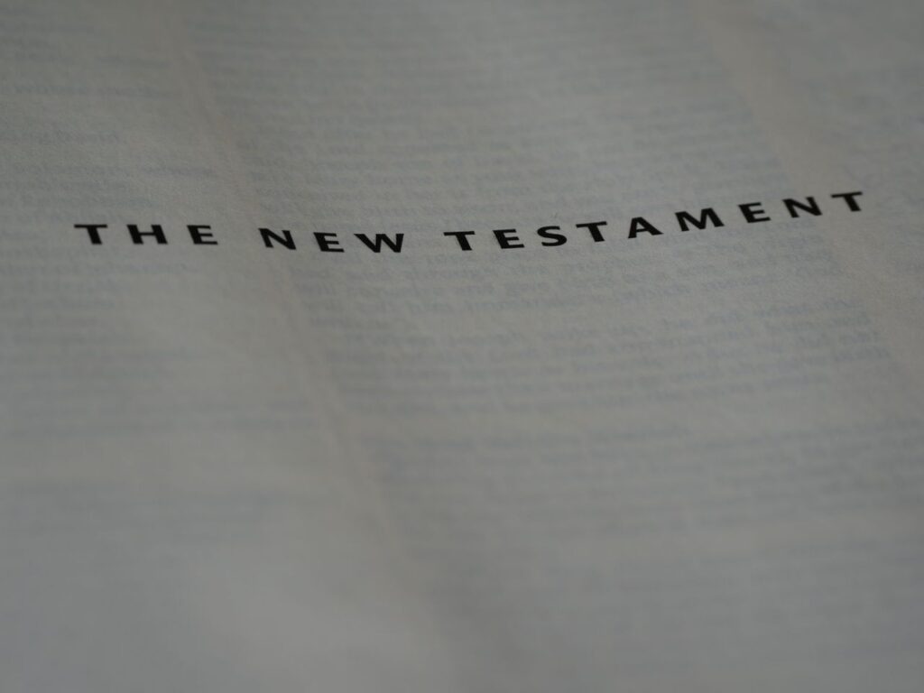 Photography of the New Testament title page in a Bible with clear focus.